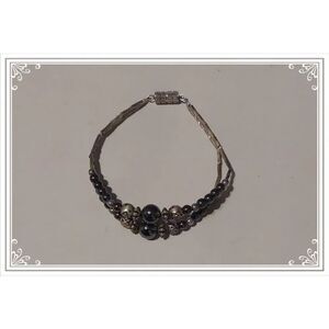 Vintage Double Strand Hematite & Rose Beads 925 Sterling Bracelet
